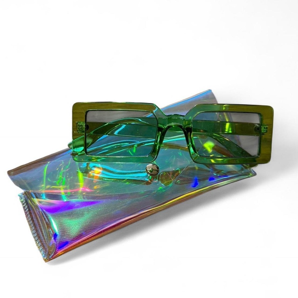 Y2K Green Square Retro Vintage Style Tinted Mod Chic Sunglasses - Picture 2 of 6